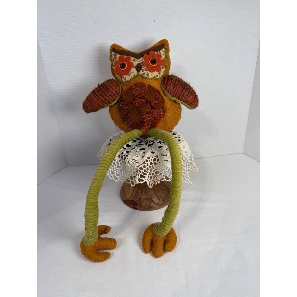 Rustic Plush Owl Shelf Sitter Long Legged Bird Figurine Fall Decor Brown Green